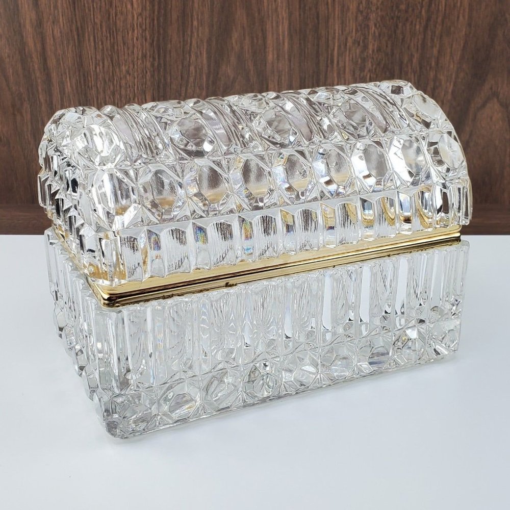 Vintage 1960's Cut Glass and Brass Jewelry Box